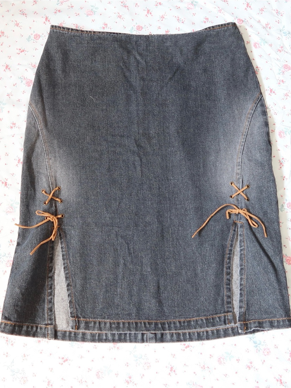 Clio Dark Blue Denim Pencil Skirt with Tan Lace-Up Detail